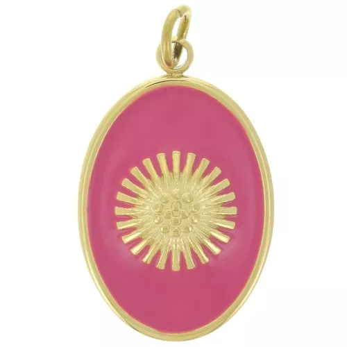 20x13mm Stainless steel 316L Oval pendant - sun - epoxy resin - Gold - Fuchsia x1