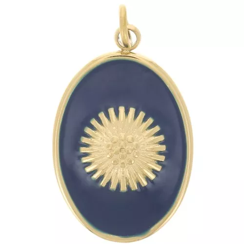 20x13mm Stainless steel 316L Oval pendant - sun - epoxy resin - Gold - Dk Blue x1