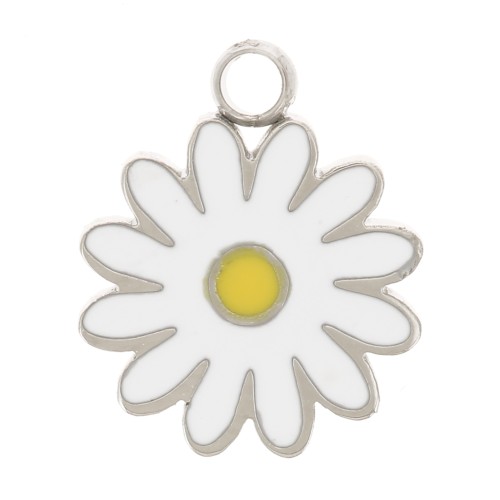 9.5mm Stainless steel 316L daisy charm in Epoxy resin - White x1