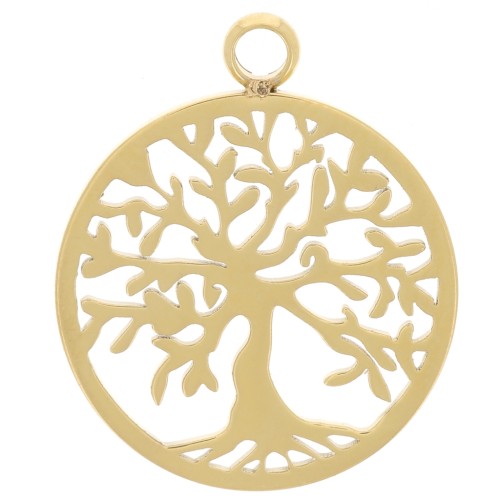 15 mm Round Pendant - Tree of Life Pattern - Gold-Plated 316L Stainless Steel x1