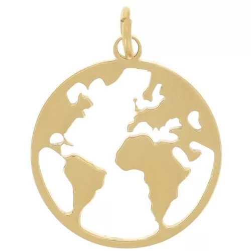 14mm 316L Stainless Steel Round World Map Pendant - Gold Tone x1