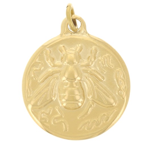 Round pendant 15.5 mm - bee pattern - 304 Gold stainless steel x1