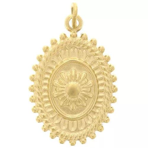 Oval textured pendant 19.5x13.5 mm - flower pattern - 304 Gold stainless steel x1