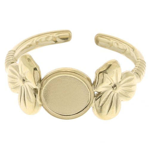 Adjustable ring with flower motif for 6 mm cabochon T.53 to T.59 - 304 gold-plated stainless steel