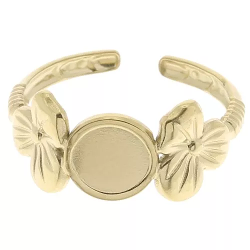Adjustable ring with flower motif for 6 mm cabochon T.53 to T.59 - 304 gold-plated stainless steel