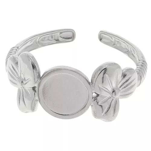 Adjustable ring with flower pattern for 6 mm cabochon T.53 to T.59 - 304 stainless steel