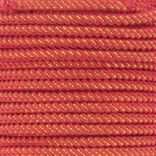 3mm Braided polyester cord and metallic thread - Red - Gold x1m