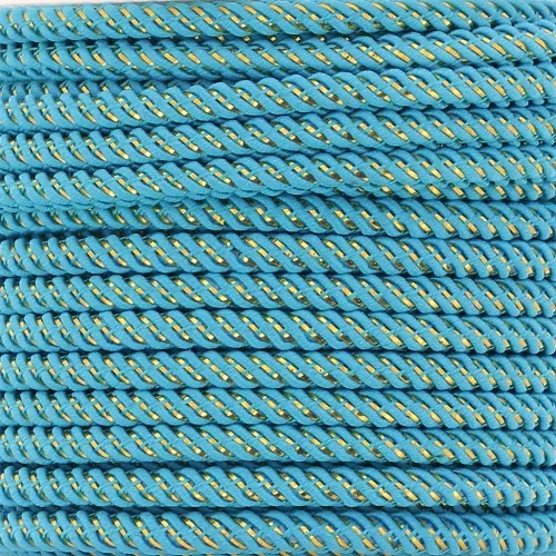 3mm Braided polyester cord and metallic thread - Turquoise - Gold x1m