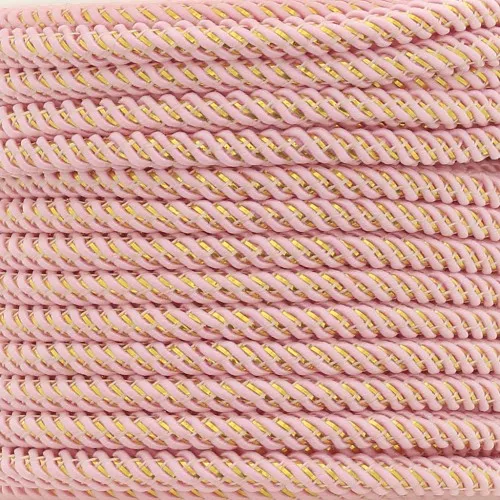 3mm Braided polyester cord and metallic thread - Light Pink - Gold x1m