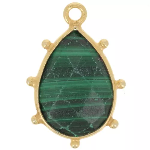 19x13mm 925 St. Silver faceted drop & small balls Pendant - GOLD - Malachite x1