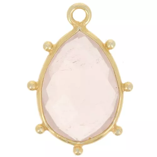19x13mm 925 St. Silver faceted drop & small balls Pendant - GOLD - Rose Quartz x1