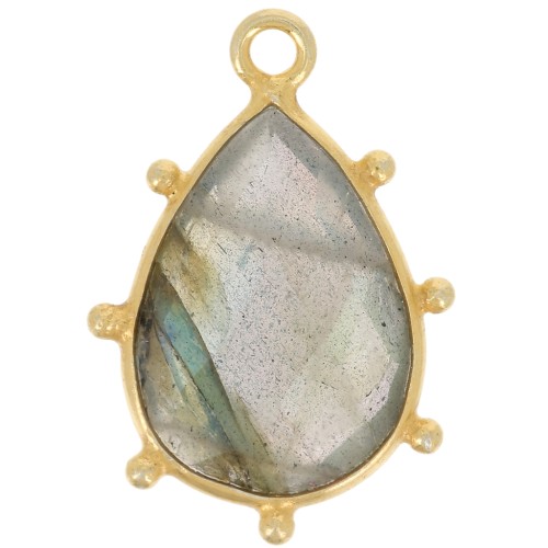 19x13mm 925 St. Silver faceted drop & small balls Pendant - GOLD - Labradorite x1