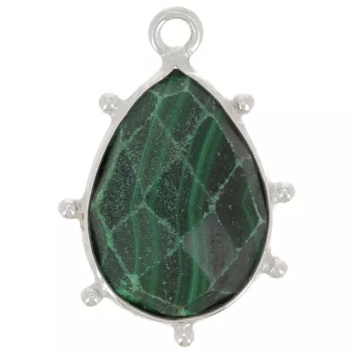 19x13mm 925 Sterling Silver faceted drop & small balls Pendant - Malachite x1