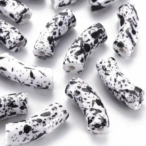 35x11 mm curved tube beads in opaque acrylic - White Mottled Black x6