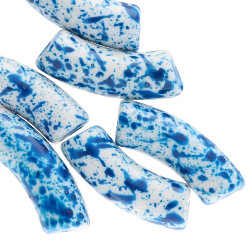 35x11 mm curved tube beads in opaque acrylic - White Mottled Blue - x6