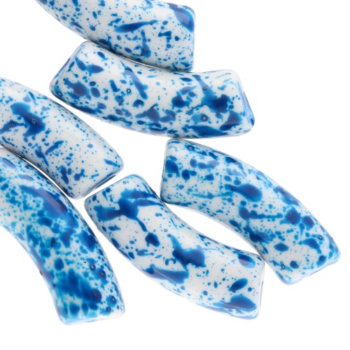 Curved tube beads in opaque acrylic 35x11 mm - White Mottled Blue - x6