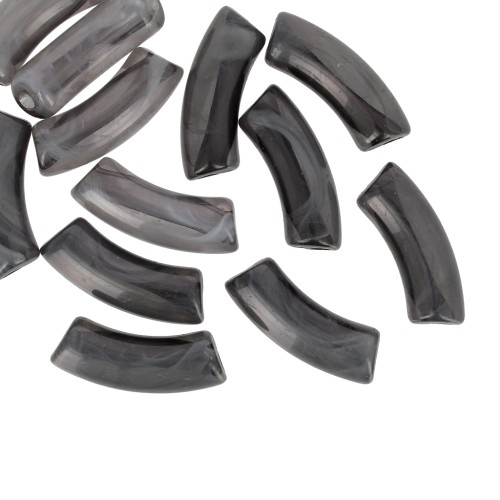 Curved tube beads 35x11 mm in transparent acrylic - Marbled Black - White x6