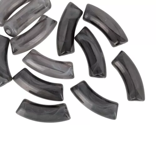 Curved tube beads 35x11 mm in transparent acrylic - Marbled Black - White x6