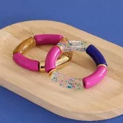 Curved tube beads 35x11 mm in transparent acrylic - Marbled Black - White x6