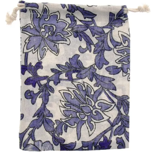 17.5x13cm Burlap bag for jewellery with flower pattern - Ecru - Dark Blue x1