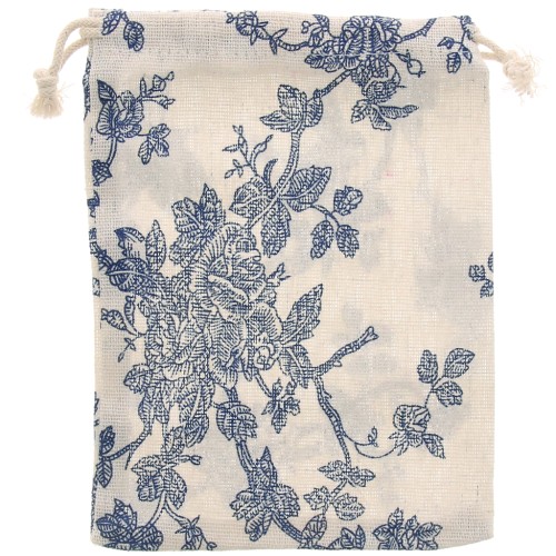 17.5x13cm Burlap bag for jewellery with flower pattern - Ecru - Dark Blue x1