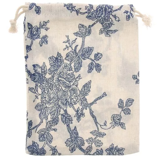 17.5x13cm Burlap bag for jewellery with flower pattern - Ecru - Dark Blue x1