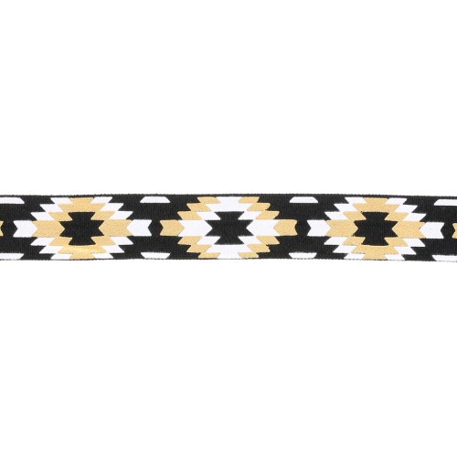 15mm Elastic Fancy Aztec Ribbon - Black - White - Gold x1m