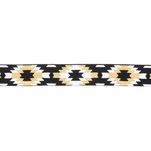 15mm Elastic Fancy Aztec Ribbon - Black - White - Gold x1m