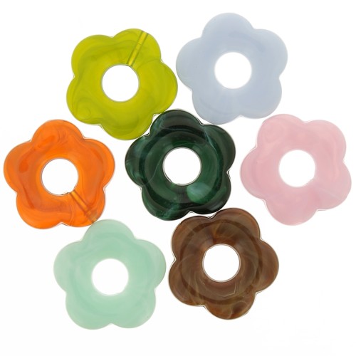 27mm Hollow acrylic flower pendants - Marbled Multicolour x10