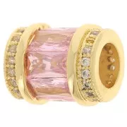 12x10mm tube bead with zirconium oxide - Gold - Crystal - Light Pink x1