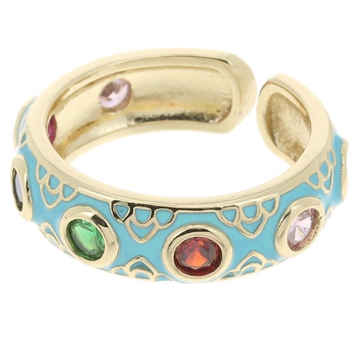 Large ring with epoxy resin & Zirconium oxides - Gold - Turquoise - Multicol. x1