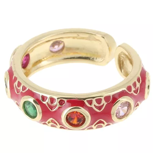 Large ring with epoxy resin & Zirconium oxides - Gold - Red - Multicol. x1