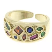 Wide Ring with Zirconium Oxides - Geometric Shapes - Gold - Multicoloured x1