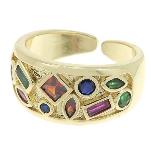 Wide Ring with Zirconium Oxides - Geometric Shapes - Gold - Multicoloured x1