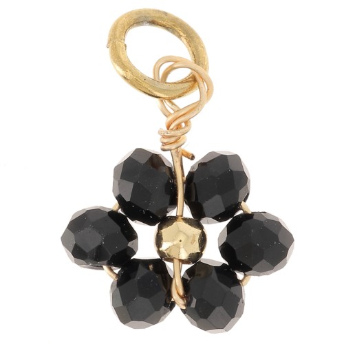 12mm faceted glass beads Flower pendant - Gold - Jet x1