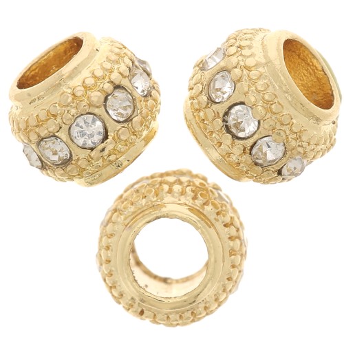 7x6mm Flat Round Bead with rhinestones - Gold - Crystal x1