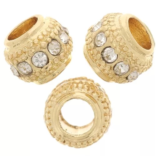7x6mm Flat Round Bead with rhinestones - Gold - Crystal x1