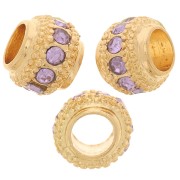 7x6mm Flat Round Bead with rhinestones - Gold - Lilac x1