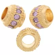 7x6mm Flat Round Bead with rhinestones - Gold - Lilac x1