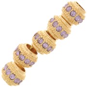 7x6mm Flat Round Bead with rhinestones - Gold - Lilac x1