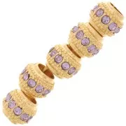7x6mm Flat Round Bead with rhinestones - Gold - Lilac x1