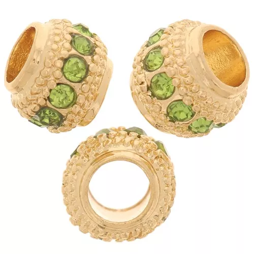 7x6mm Flat Round Bead with rhinestones - Gold - Light Green x1