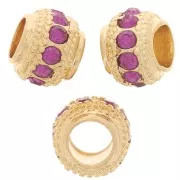 7x6mm Flat Round Bead with rhinestones - Gold - Fuchsia x1