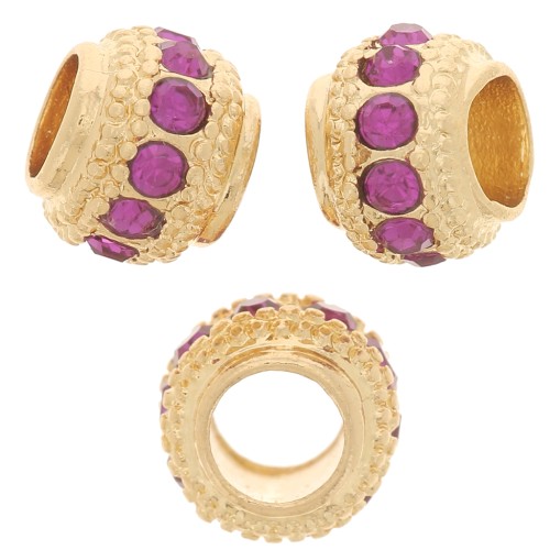 7x6mm Flat Round Bead with rhinestones - Gold - Fuchsia x1