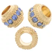 7x6mm Flat Round Bead with rhinestones - Gold - Blue x1
