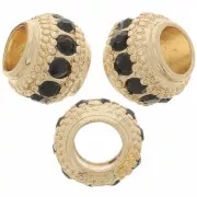 7x6mm Flat Round Bead with rhinestones - Gold - Black x1