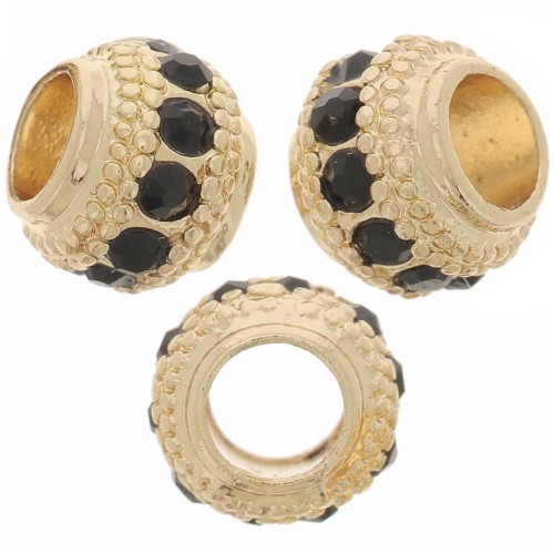 7x6mm Flat Round Bead with rhinestones - Gold - Black x1