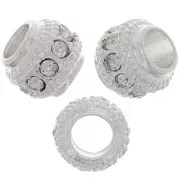 7x6mm Flat Round Bead with rhinestones - Silver - Crystal x1