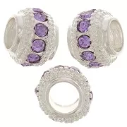 7x6mm Flat Round Bead with rhinestones - Silver - Lilac x1