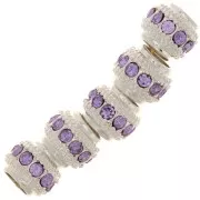 7x6mm Flat Round Bead with rhinestones - Silver - Lilac x1